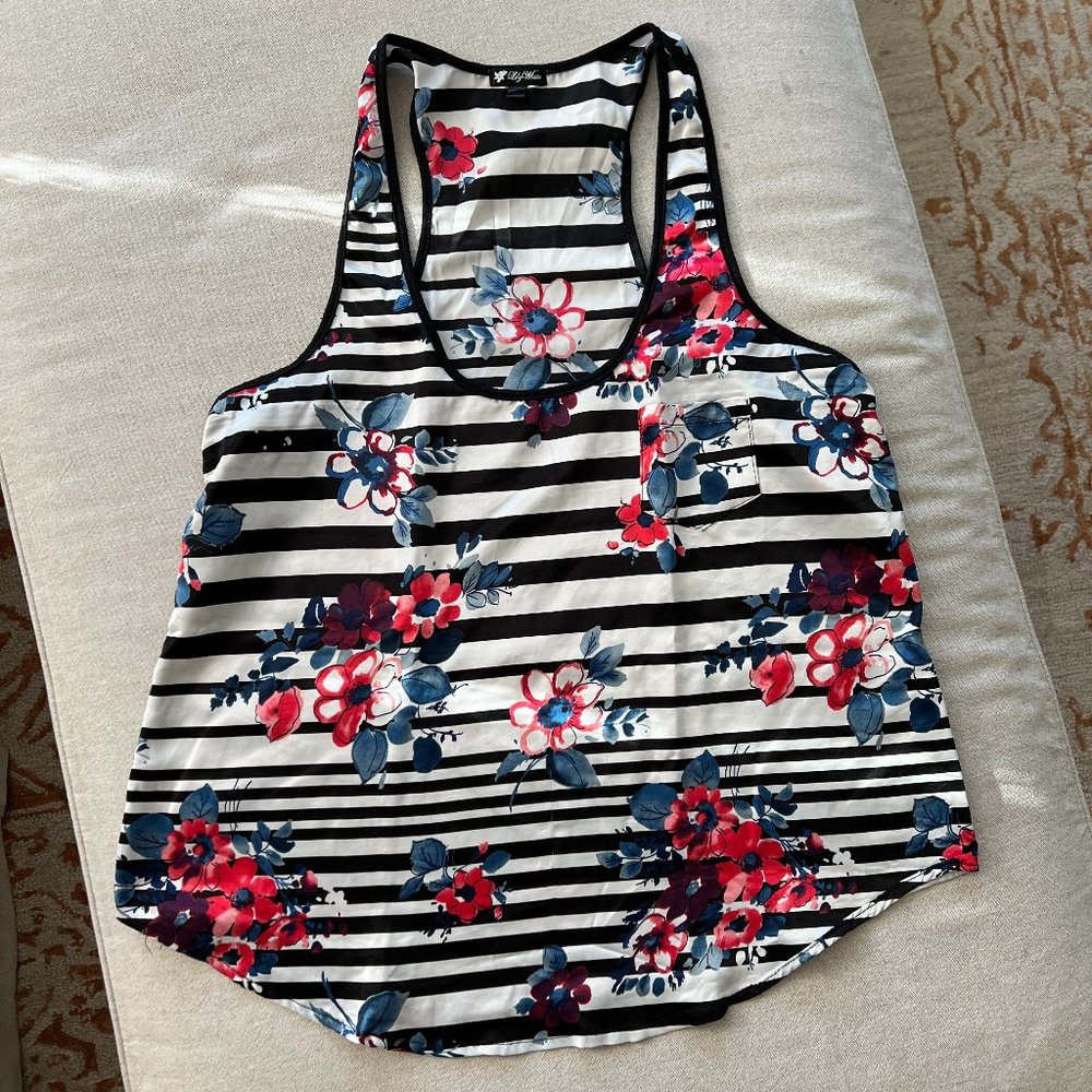 Lily White Black & White with Floral Pop Silk Tank Sz L